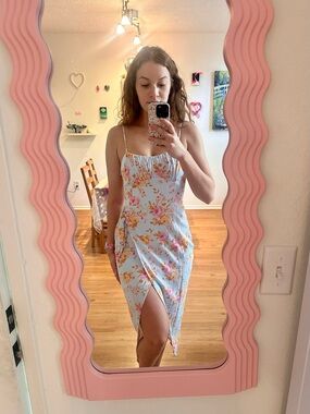 Floral Spaghetti-Strap Midi Dress in Light Blue